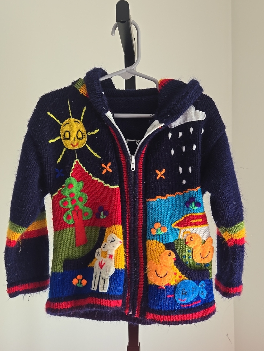 Peruvian Wool Kids Navy Hand-Knit Animal & Sun Zip Hoodie Size:2T